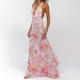 BXOXO Y2k Women Boho Floral Print Halter Maxi Bodycon Dress Summer Backless Ruffle Flowy Long Dress Beach Vacation Sundress